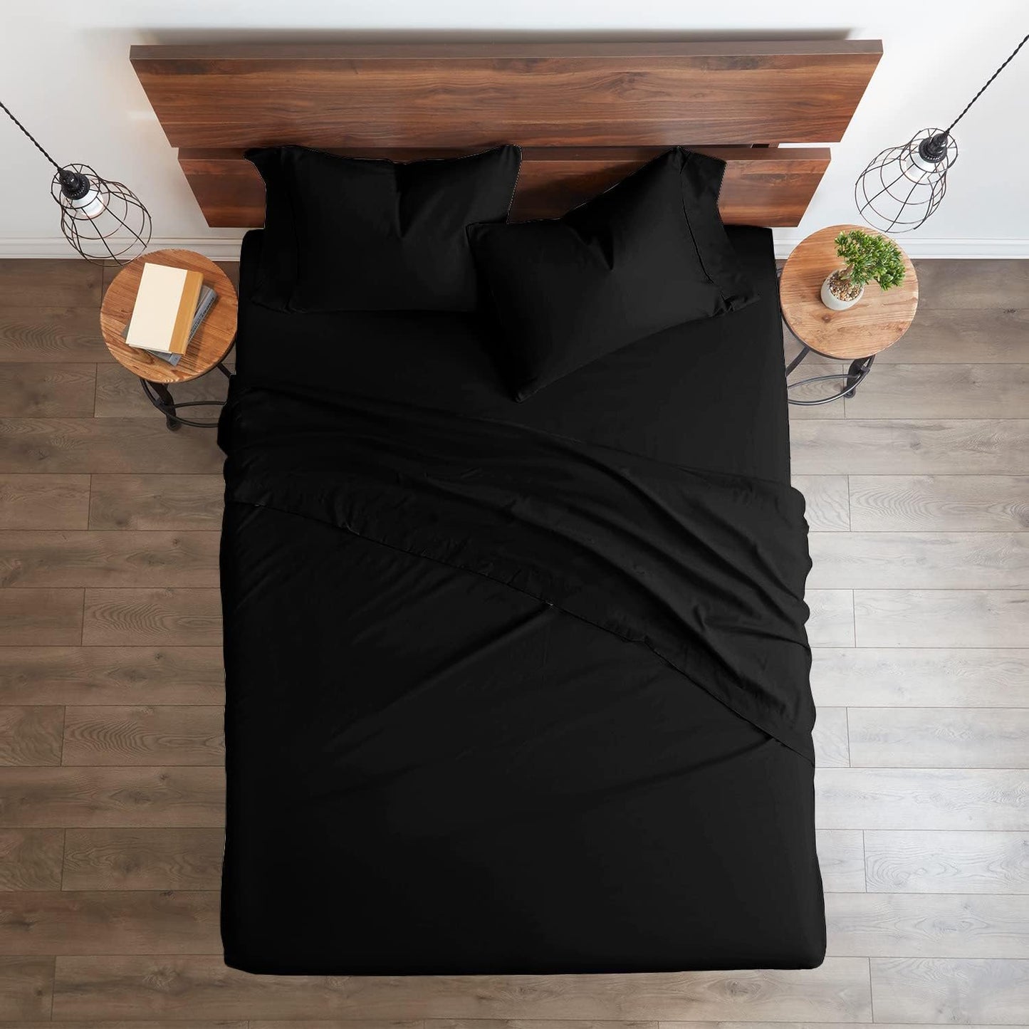 600 Thread Count 100% Egyptian Cotton Ultra Soft Cotton Rich Easy Care Sateen Sheets,Queen Size 4 Piece Sheet Set Fit 26" Inch to 30" Inch Deep Pocket {Black Solid}