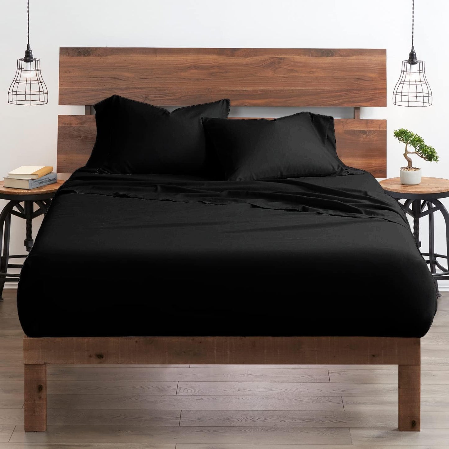 600 Thread Count 100% Egyptian Cotton Ultra Soft Cotton Rich Easy Care Sateen Sheets,Queen Size 4 Piece Sheet Set Fit 26" Inch to 30" Inch Deep Pocket {Black Solid}