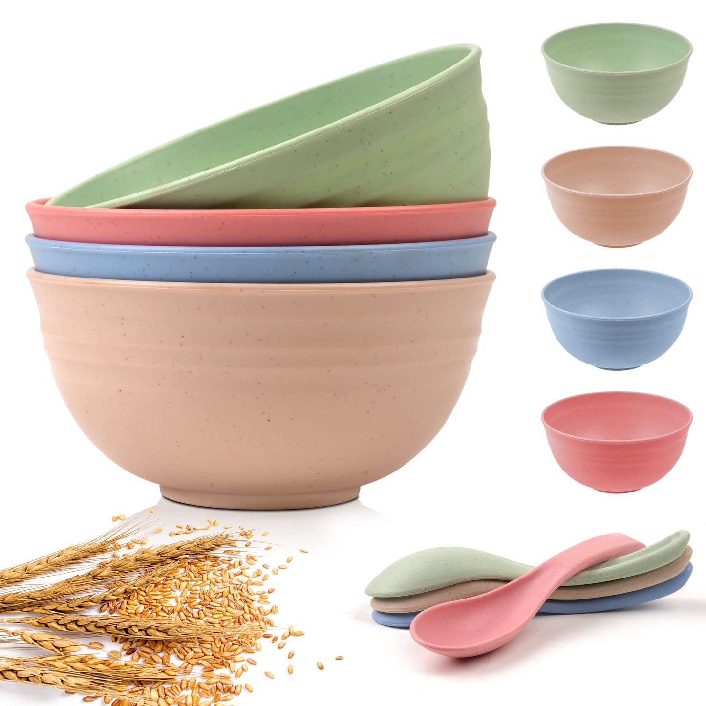 BUSATIA Unbreakable Cereal Bowls Set of 4,24 OZ Wheat Straw Bowl with 4 Spoons Reusable Cereal Soup Bowls for Rice Noodle Soup Breakfast Bowls