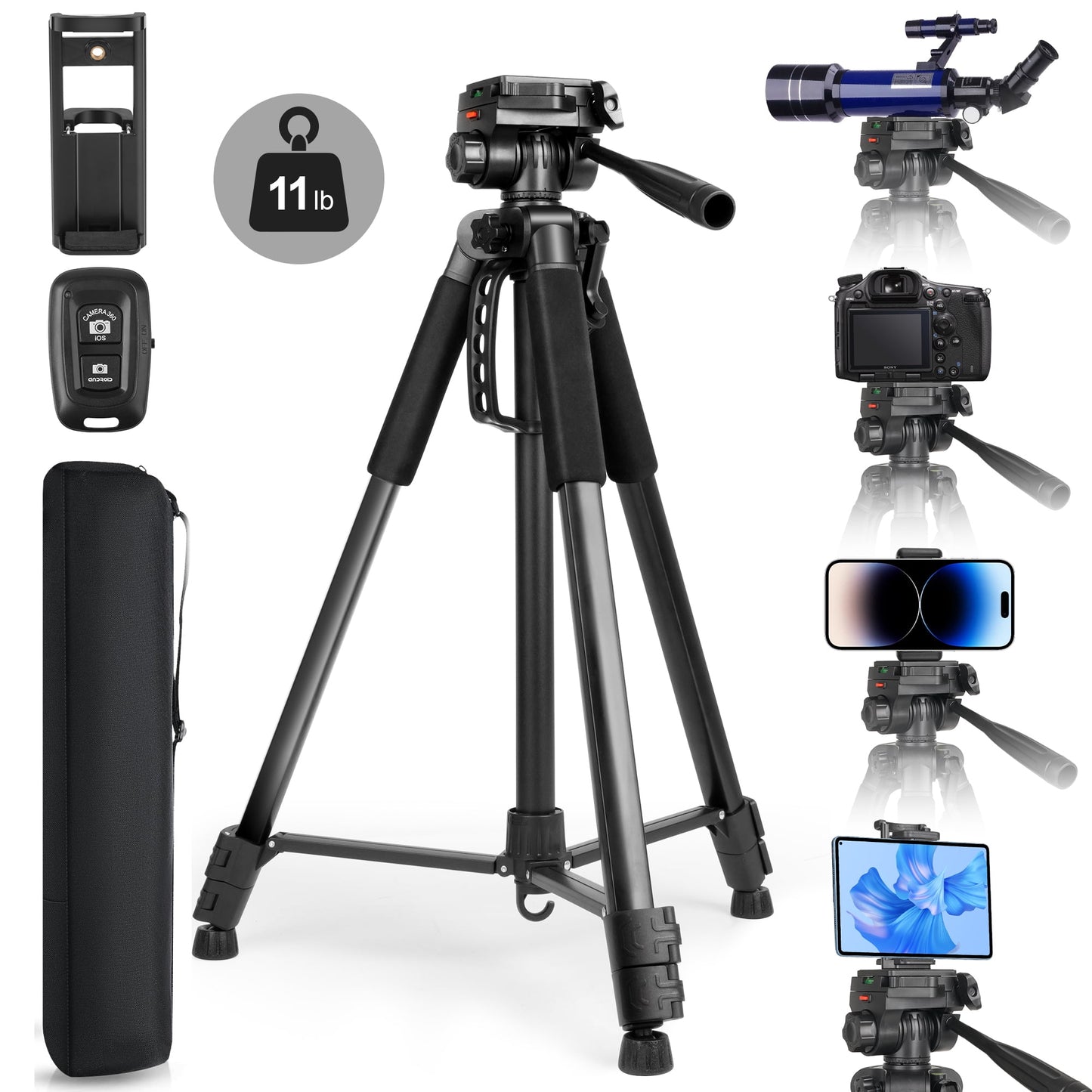 Meromore Tripod Camera Tripods, 71" Tripod for Camera Phone Video Recording, Heavy Duty Camera Tripod Stand, Professional Travel DSLR Tripods Compatible with Canon Smartphone, Max Load 11 LB